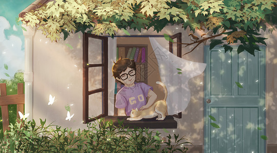 夏日艳阳下的男孩与猫咪插画