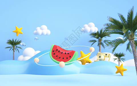 夏天喝饮料吃瓜的孩子c4d蓝色清新夏季背景设计图片