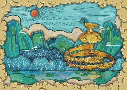 秦始皇陵博物院内蒙古博物院之国家一级文物战国时期匈奴王冠插画