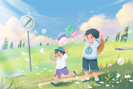 散步夏天父亲节之夏天治愈风爸爸陪女儿户外散步游玩插画