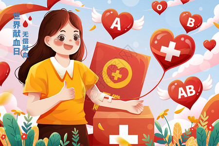 五证世界献血日之无偿献血女孩献爱心插画插画