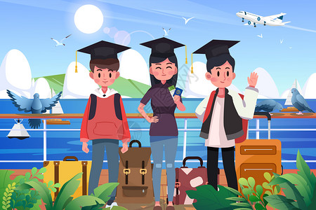 男大学生玩手机毕业季大学生在船上去海边毕业旅行插画