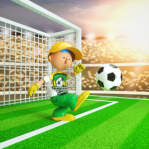 踢球元素C4D卡通足球男孩射球3D元素插画