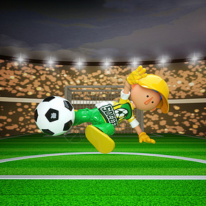 踢球元素C4D卡通足球男孩侧跳踢球3D元素插画