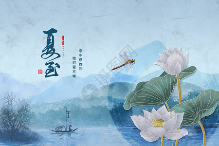 白色荷花蜻蜓中国风夏至设计图片