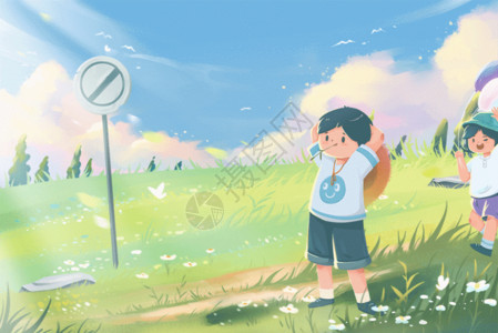 日系风插画父亲节之夏天治愈风爸爸陪女儿户外散步游玩GIF高清图片