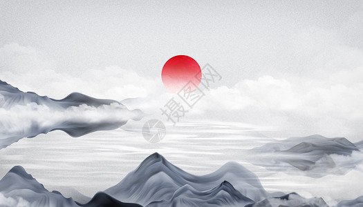 简约红红月水墨山水国风新中式设计图片