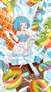 华夫饼壁纸夏日彩虹糖冰淇淋女孩系列开屏插画插画