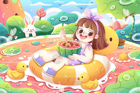 兔子网蜻蜓夏日女孩游泳圈上吃西瓜清新卡通插画插画
