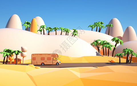 房车插画3d夏季旅游出行背景设计图片
