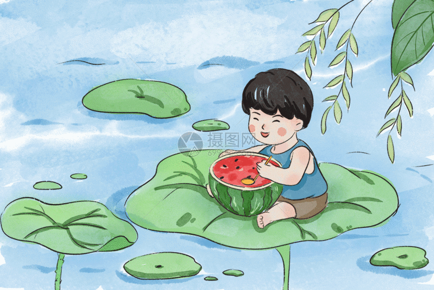 水彩风夏季吃西瓜的小孩GIF图片