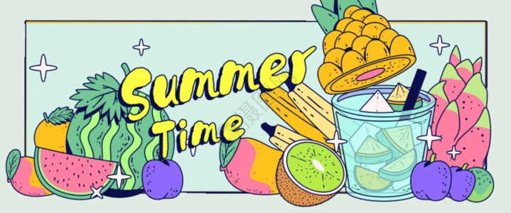 青柠檬果汁海报夏季二十四节气立夏小暑大暑饮料扁平线描风gif动图高清图片