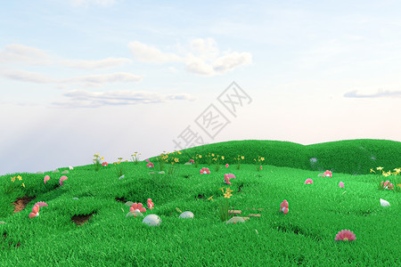 毛绒小兔夏日蓝天草地场景设计图片