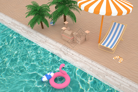 沙滩海浪遮阳伞夏日清凉沙滩场景设计图片