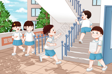 跑步上学孩子学校楼道里的学生插画