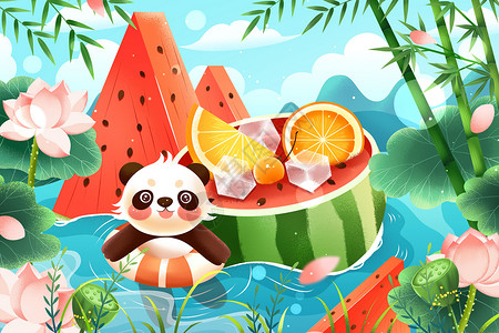 清新夏日荷塘熊猫与西瓜插画图片