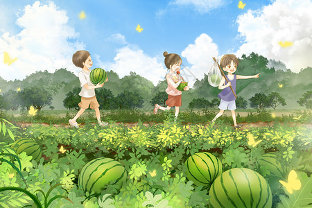 摘菜田园夏至和小伙伴一起去摘西瓜插画