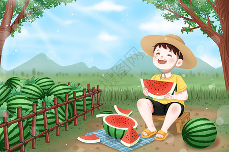 夏天西瓜地旁吃西瓜的小孩背景图片