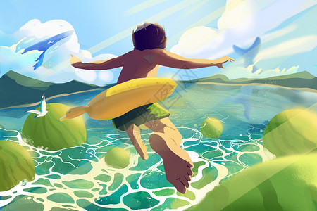 24节气夏天大暑夏至西天西瓜海洋游泳儿童插画高清图片