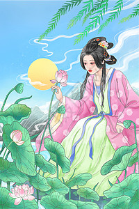 中国风古风美人夏季荷塘工笔插画图片