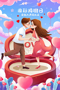 唯美浪漫国际接吻日情侣情人节插画高清图片
