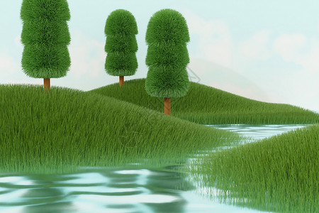 ps球树素材blender毛绒山丘水面场景设计图片
