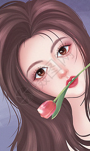 手绘女性女孩插画头像女头卡通少女郁金香花朵图片