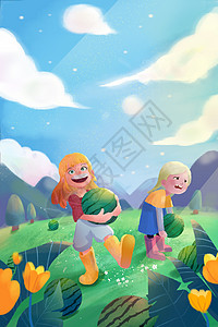 二十四节气节日小暑夏至可爱儿童搬西瓜插画背景图片