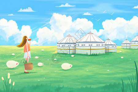 动物女孩唯美清新夏天天空蓝天白云女孩在草地蒙古旅游插画背景插画