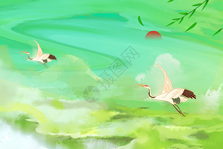 飞翔的火烈鸟国潮绿意仙鹤山水图设计图片