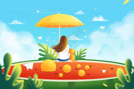 太阳伞和西瓜夏天夏至夏日夏季西瓜风景插画背景插画