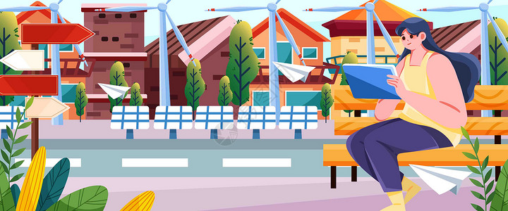 新能源智能环保绿色城市插画banner背景图片