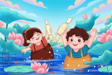 水里玩耍的男孩二十四节气小暑插画素材GIF高清图片