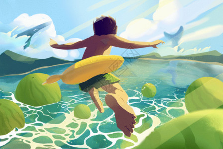 儿童游泳优惠券24节气夏天大暑夏至西天西瓜海洋游泳儿童插画GIF高清图片