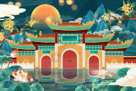 寺庙插画蓝色国潮古风建筑GIF高清图片