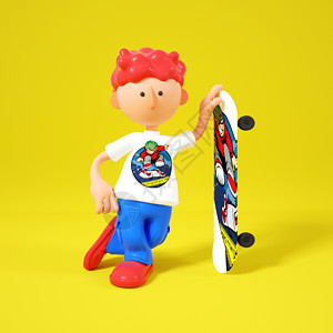 轮滑比赛C4DQ版滑板男孩叉腰抓板摆pose动作3D元素插画