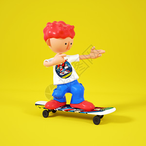 C4DQ版滑板男孩站滑板滑行摆pose动作3D元素插画