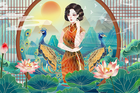 中国古典美女国潮中国风民国旗袍美女唯美风景背景插画插画
