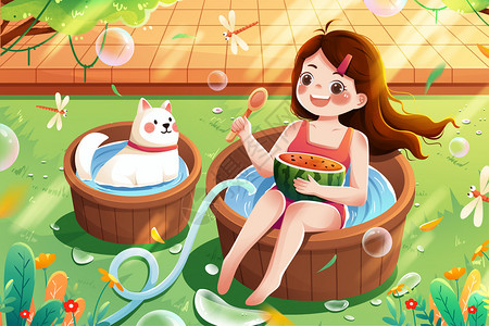 吃西瓜的狗清新二十四节气玩水降温女孩与狗小暑夏季插画插画