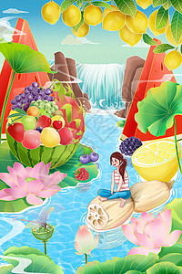 草莓水二十四节气大暑水果创意国潮插画插画