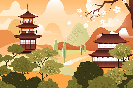 日本农村秋季风景中国建筑矢量插画插画