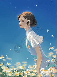白色洋甘菊花海中的旗袍美人插画