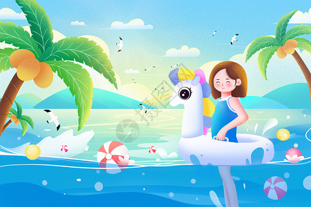 夏季儿童游泳小清新夏天沙滩游泳度假女孩插画插画