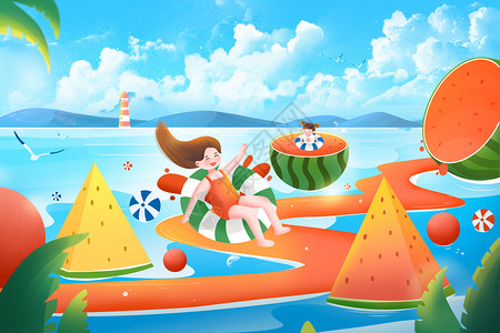 沙滩游泳夏天海边暑假游玩水果果汁插画插画