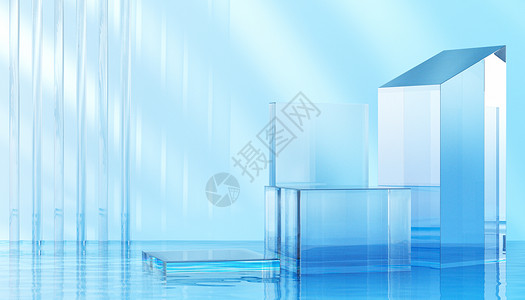 储蓄箱C4D唯美蓝色玻璃质感展台背景设计图片