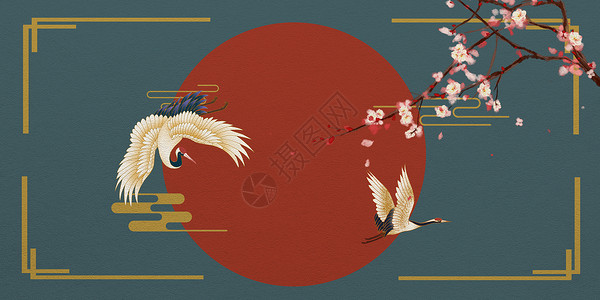 国风复古边框线框仙鹤背景设计图片
