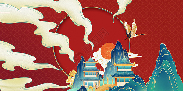仙鹤剪纸边框红色国潮边框背景设计图片