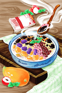 红豆芋圆夏日手绘风节气传统美食烧仙草大暑节气插画