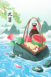 手绘西瓜船大暑清凉夏日中国风古风手绘消暑水果西瓜莲蓬插画