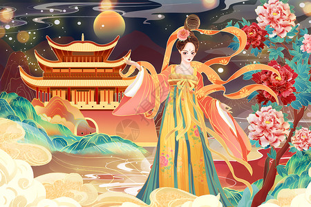 国潮中国风古风美女唯美山水建筑风景背景插画高清图片